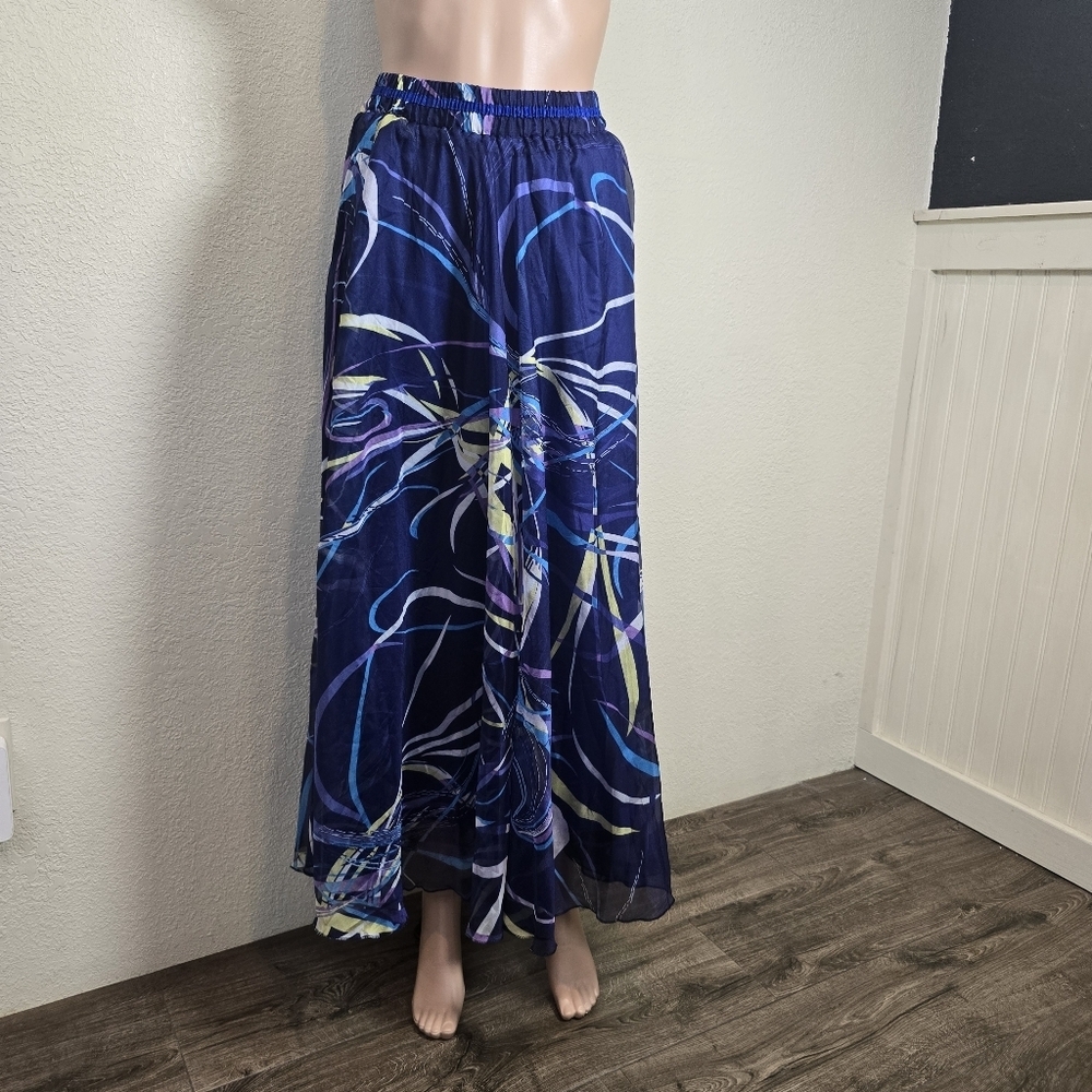 Afibi Skirt Women's Chiffon Lined Size L/xl Maxi Skirt Elastic Waist Blue I - Picture 4 of 8